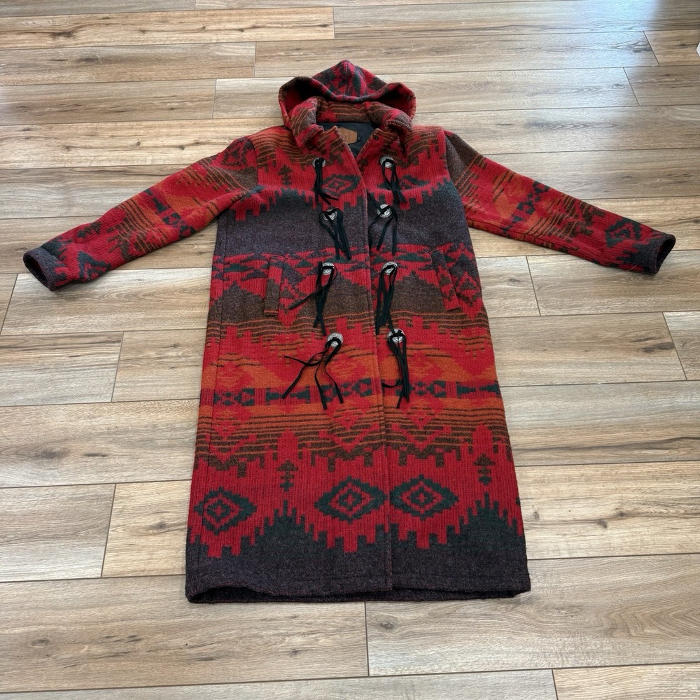 Vtg Woolrich Women's Wool Long Trench Coat Duster Blanket Southwest Aztec Large